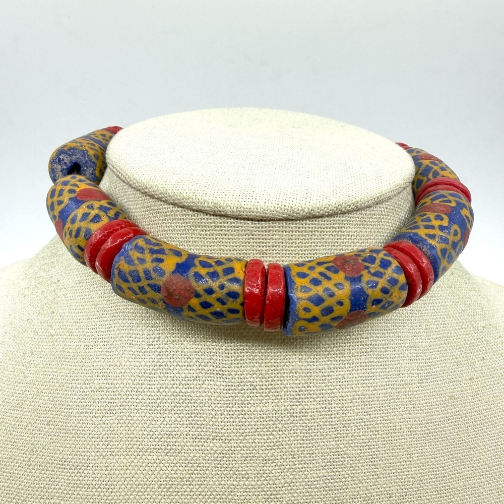 Bohemian Tribal‎ Statement Necklace Blue Yellow Red Patterned Tube Beads Artisan